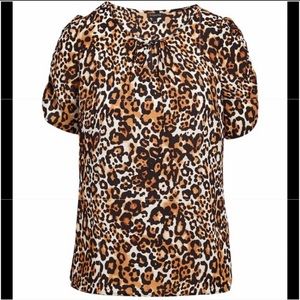 Talbots Brown Leopard Notch Neck Puff Sleeve Top